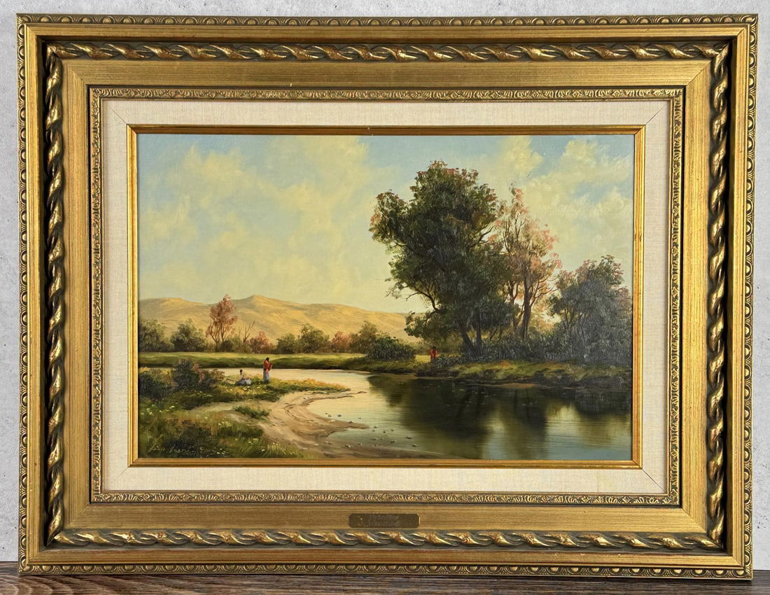 Heinie Hartwig By the River Painting: Title is By the River. 12" by 18" unframed. 19 1/2" by 25 3/4" framed. Oil on Board. Heinie Hartwig (Born 1937) is active/lives in California. Heinie Hartwig is known for Fantasy-western views, miniat