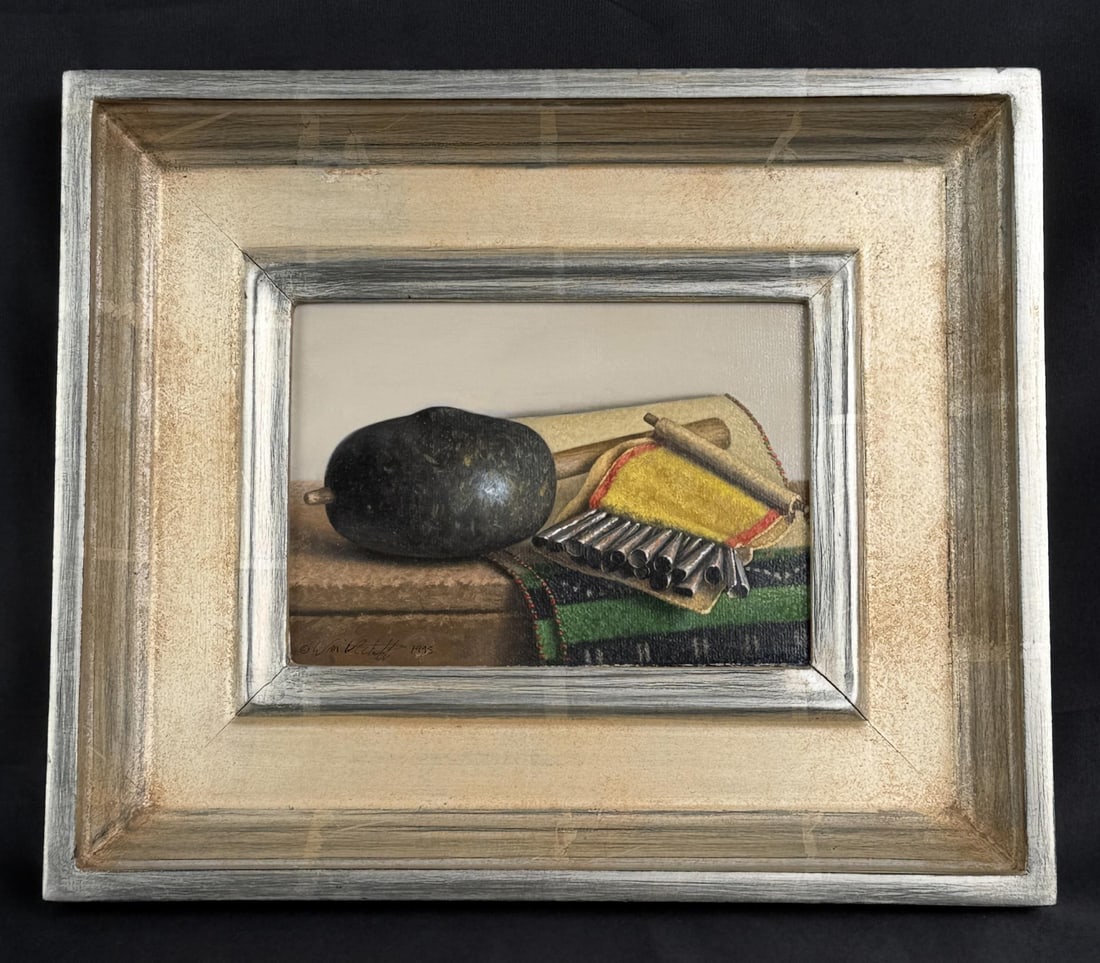 William Acheff Pueblo Dancer Painting: Title is Pueblo Dancer. 5" by 7" unframed. 10" by 12" framed. Oil on Board. Provenance: Fenn Galleries Santa Fe New Mexico. William Acheff (Born 1947) is active/lives in New Mexico, California, Alaska