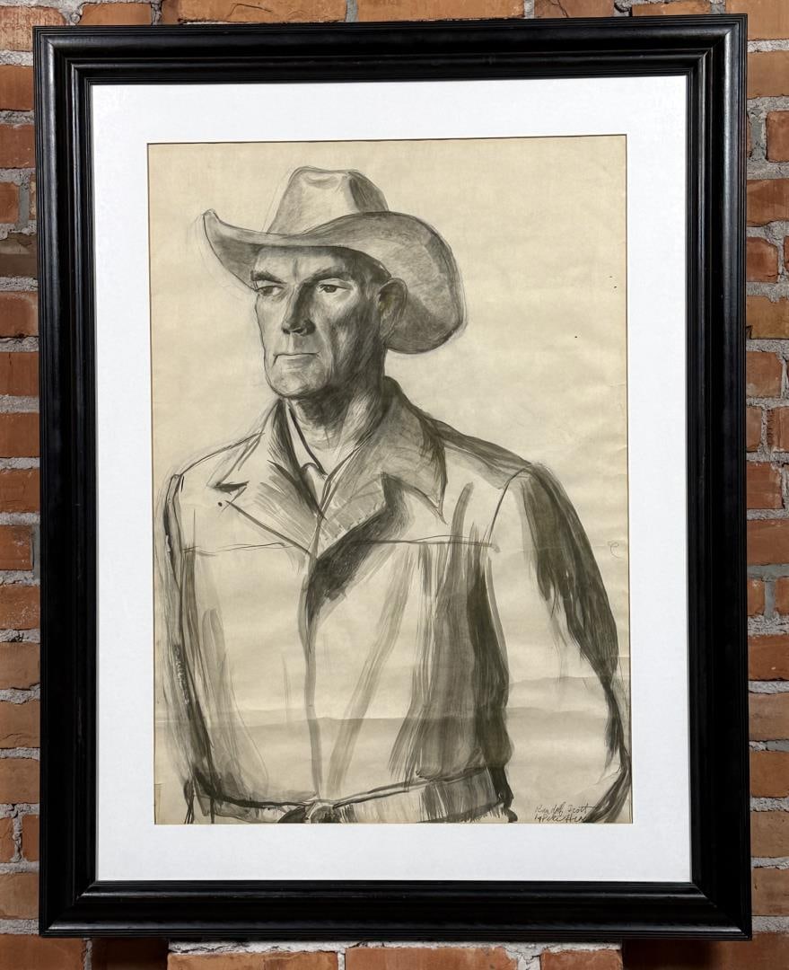 Peter Hurd Randolph Scott Watercolor Painting: Title is Western Movie Star George Randolph Scott. 23" by 33" unframed. 34" by 43 1/2" framed. Watercolor on Paper. George Randolph Scott (January 23, 1898 ? March 2, 1987) was an American film actor,