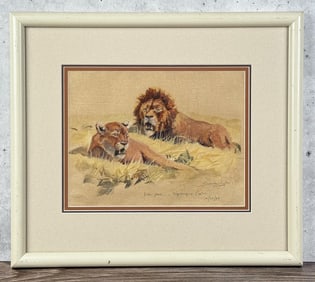 John Seerey-Lester Lion Pair Acrylic Painting