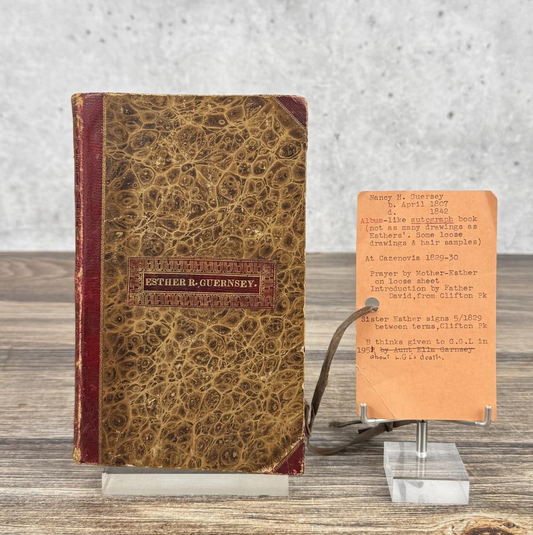New York Folk Art Painted Diary of Esther Guernsey: Diary begins in 1827, and continues onward documenting her time at Cazenovia Seminary School in New York. It is absolutely outstanding, containing a number of excellently painted and drawn images. Sub