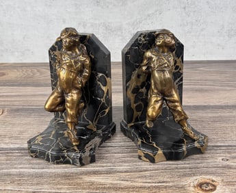 Art Deco Bronze & Marble Reclining Boy Bookends