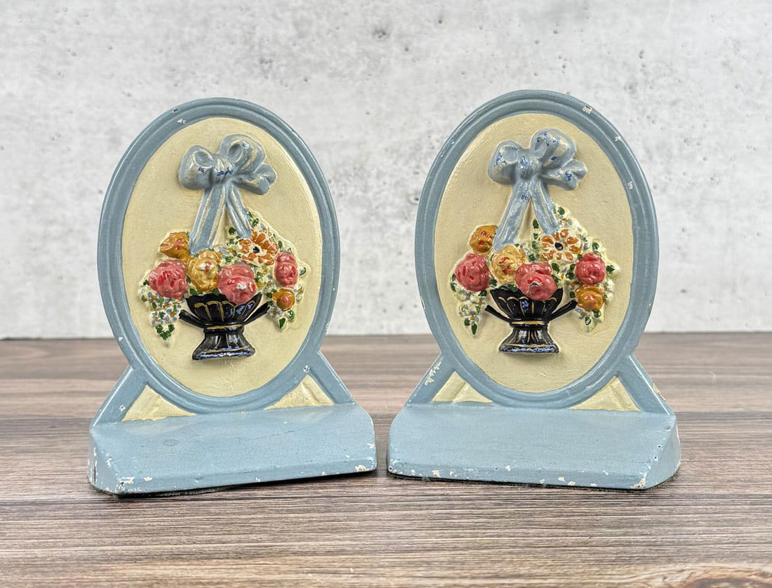 Hubley Cast Iron Flower Basket Door Stops Bookends: 5 7/8" by 4 1/2" by 2 1/8".