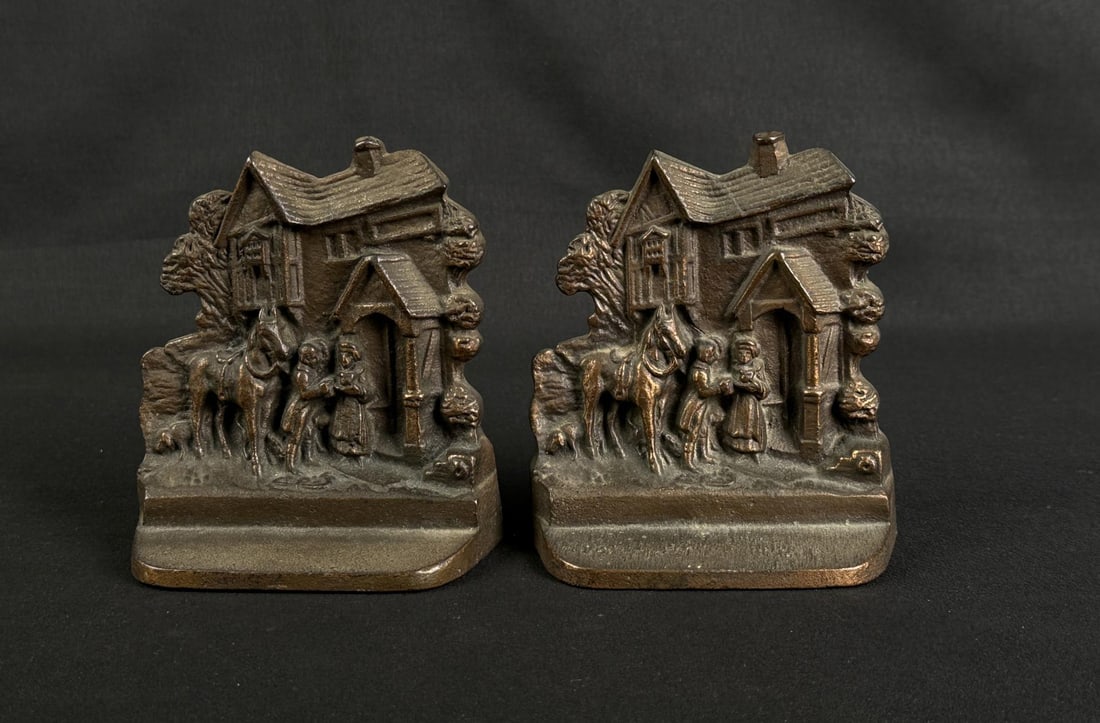 Village Scene Bronze Bookends: 4 1/2" by 4 1/4" by 1 3/4".