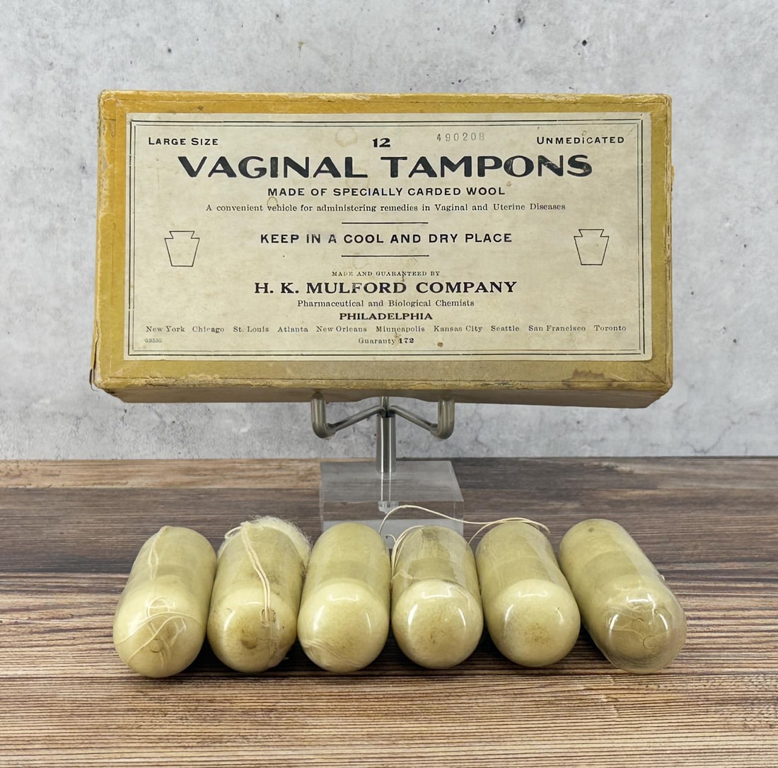 Wool Vaginal Tampon HK Mulford Company: Large size, with original packaging.