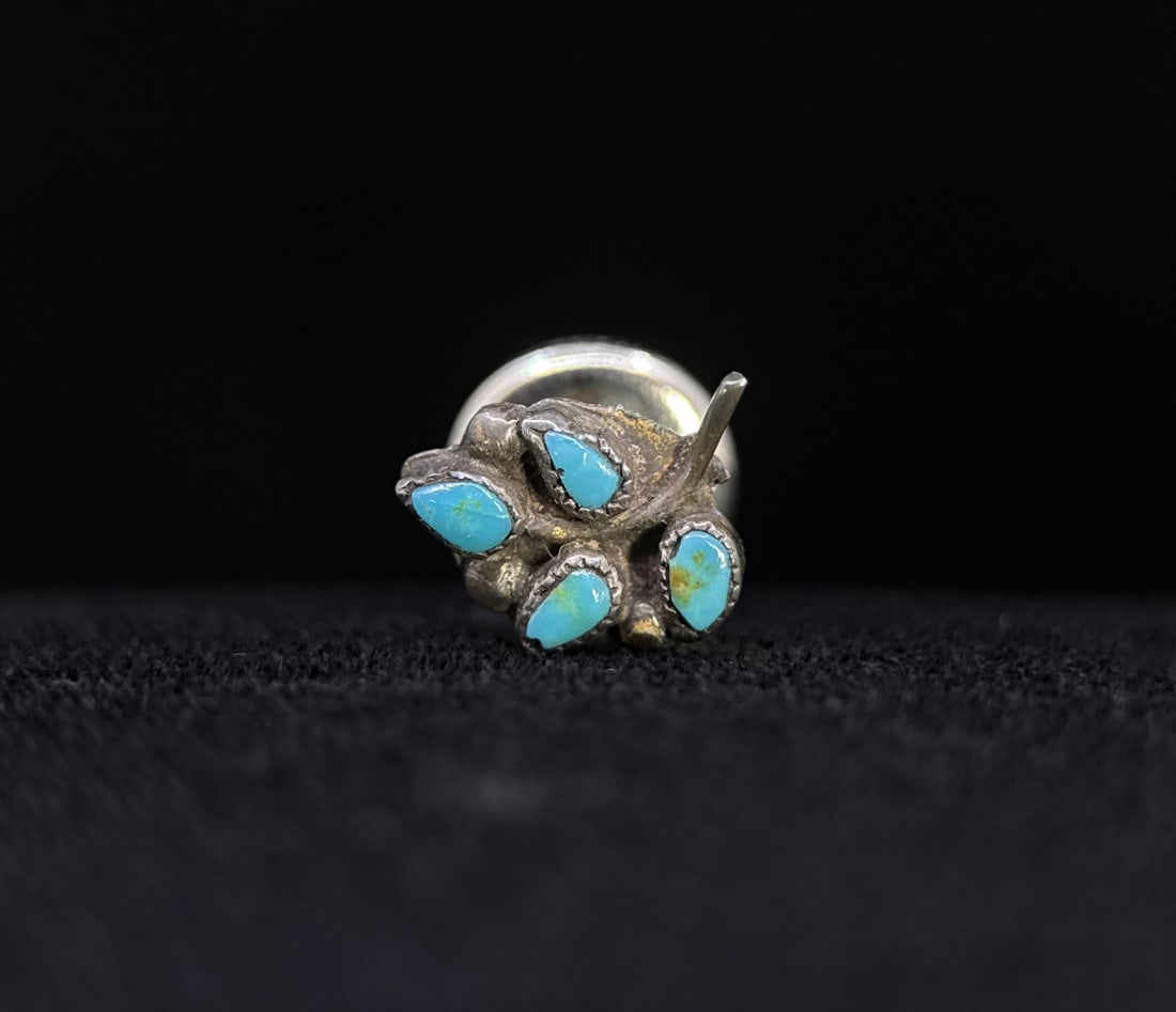 Zuni Petit Point Sterling Turquoise Leaf Tie Tack: 5/8" long.