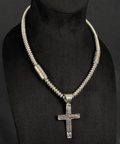 Navajo Sterling and 14k Gold Pearls Cross Necklace