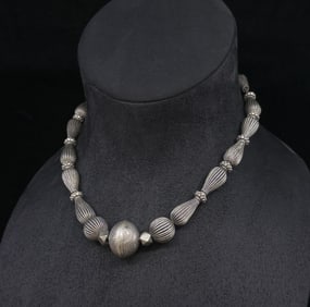 Sterling Silver Woven and Fluted Bead Necklace