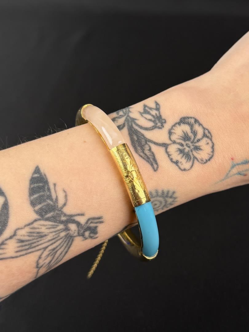 Chinese Hinged Bangle Bracelet: 2 1/4" inner diameter, 3" outer diameter.