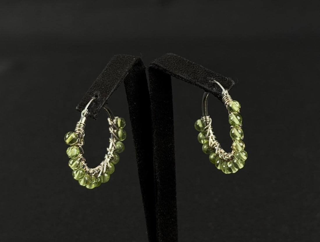 Peridot Bulb Sterling Silver Hoop Earrings: 6.1 grams.