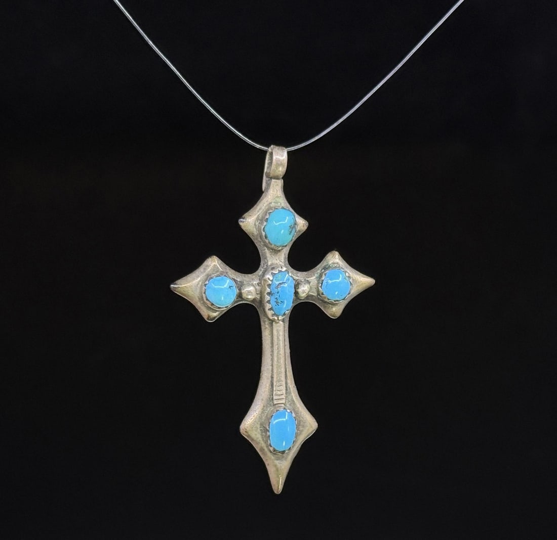 Navajo Sterling Silver Turquoise Cross Pendant: 2 1/8" long. 8.45 grams.