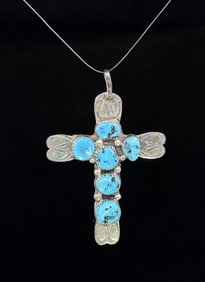 Zuni Sterling Double Sided Turquoise Coral Cross