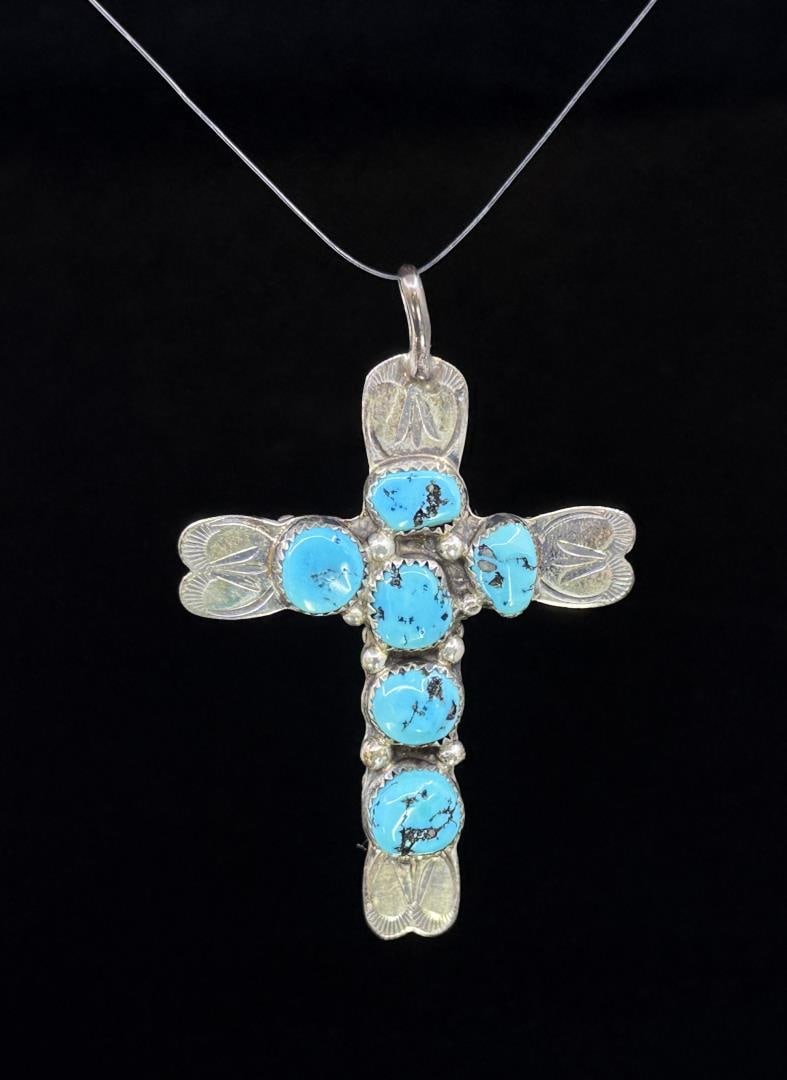 Zuni Sterling Double Sided Turquoise Coral Cross (1 of 3)