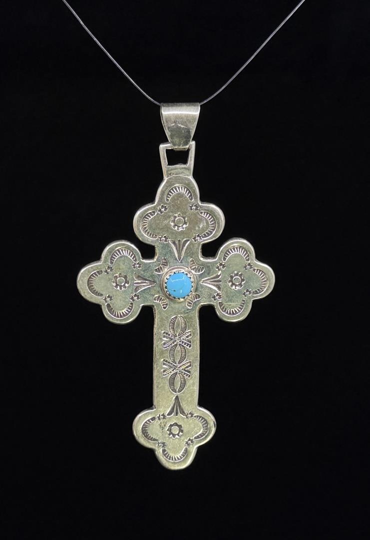 Navajo Sterling Silver Turquoise Cross Pendant: 3 5/8" long. 18.33 grams.