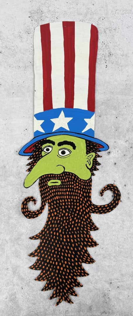 Steve Burnley Uncle Simulation Folk Art Sign: 22 7/8" by 8". Painted on tin. Title is Uncle Simulation. My name is Steve Burnley. I?ve been drawing since I was old enough to hold a pencil. I?ve always drawn creatures and such. I?m 50 years old. I