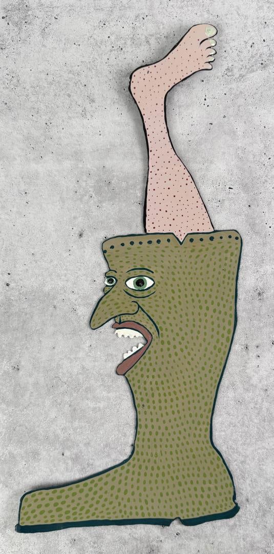 Steve Burnley Booty McFooty Folk Art Sign: 21" by 8 7/8". Painted on tin. Title is Booty McFooty. My name is Steve Burnley. I?ve been drawing since I was old enough to hold a pencil. I?ve always drawn creatures and such. I?m 50 years old. It?s