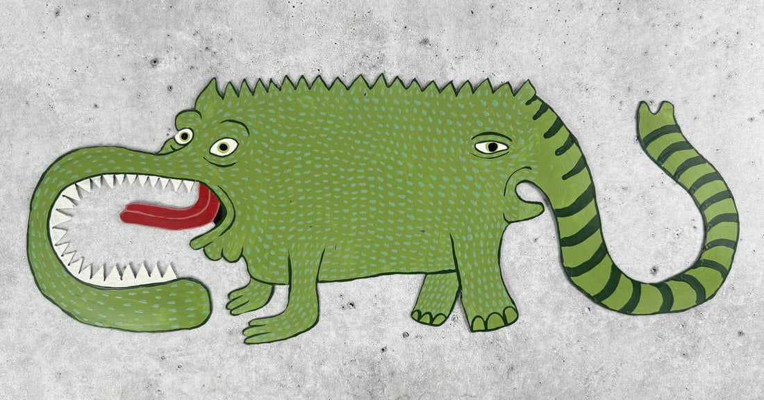 Steve Burnley Greenville Greenback Folk Art Sign: 24 7/8" by 9 1/4". Painted on tin. Title is Greenville Greenback Cash Cruncher. My name is Steve Burnley. I?ve been drawing since I was old enough to hold a pencil. I?ve always drawn creatures and suc