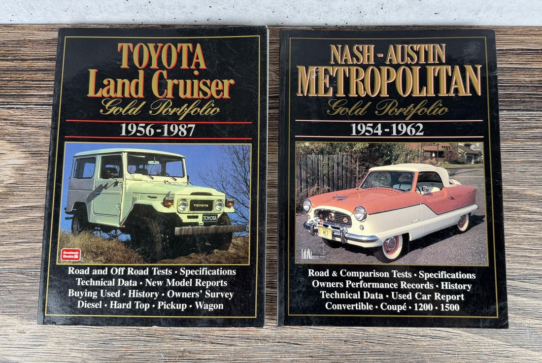 Gold Portfolio Car Books: Toyota Land Cruiser and Nash-Austin Metropolitan. Nice pair.