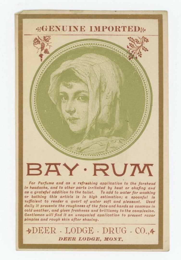 Deer Lodge Montana Bay Rum Bottle Label: 4 1/2" by 2 7/8". Deer Lodge Drug Company.