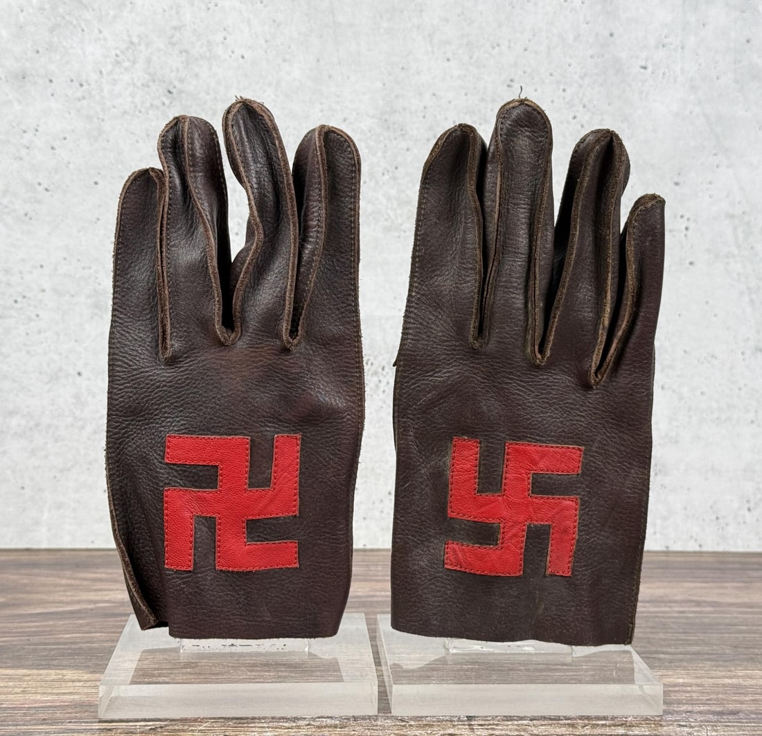 Contemporary Whirling Log Swastika Gloves: 8 1/2" by 4" each. Mid 20th century. Some snags to stitching as shown.
