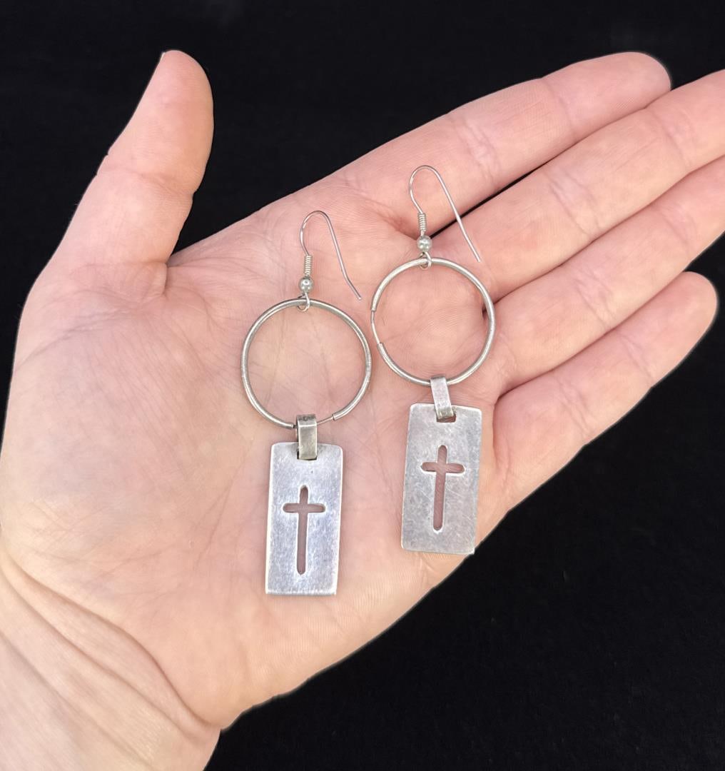 Sterling Silver Cross Earrings: 3" long.