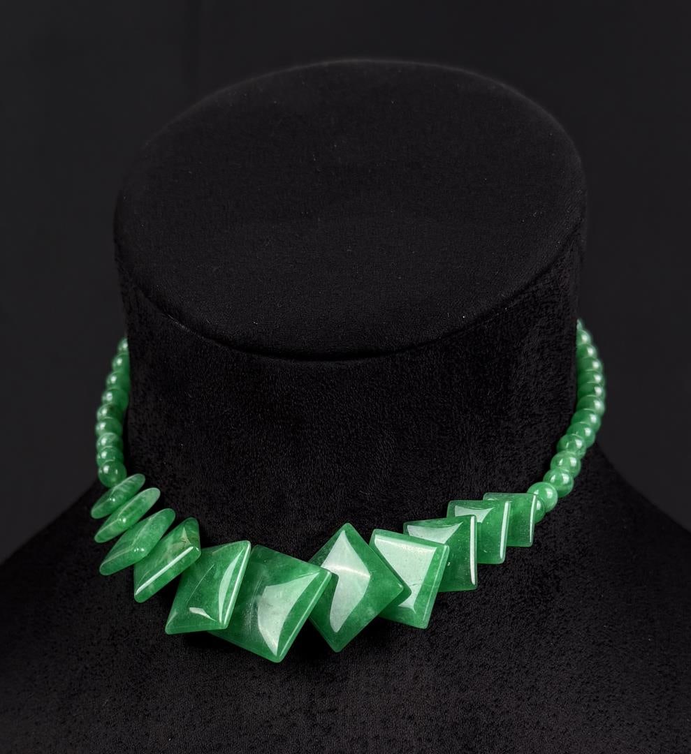 Art Deco Jade Rhombus Graduated Necklace: 5 1/2" by 5 1/4" as displayed.