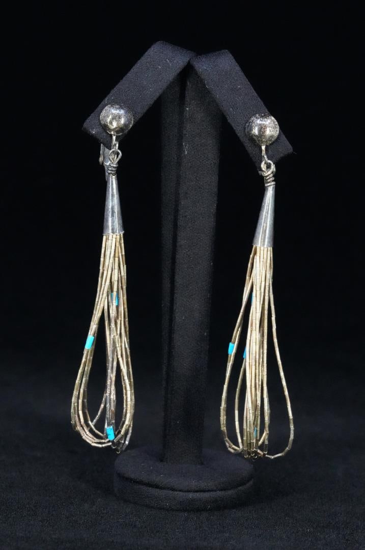 Navajo Liquid Sterling Silver Turquoise Earrings: 2 3/4" long. 6.22 grams