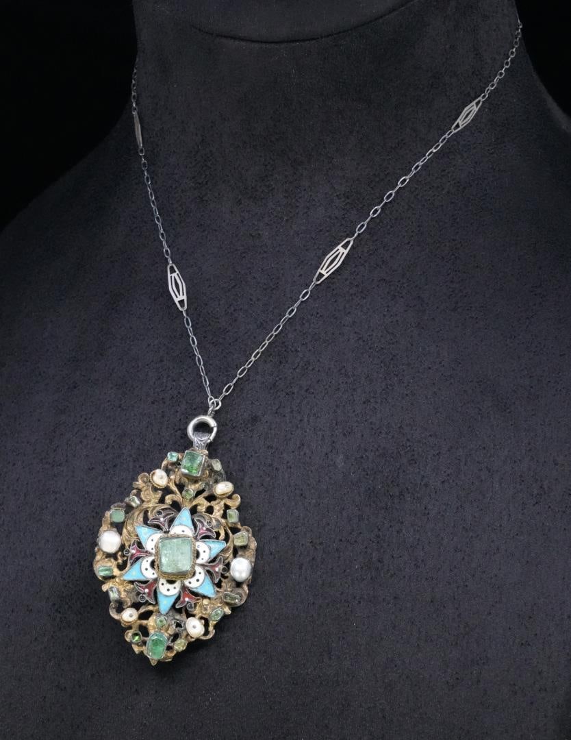 Sterling Silver Austro Hungarian Emerald Necklace: 18" Long as displayed