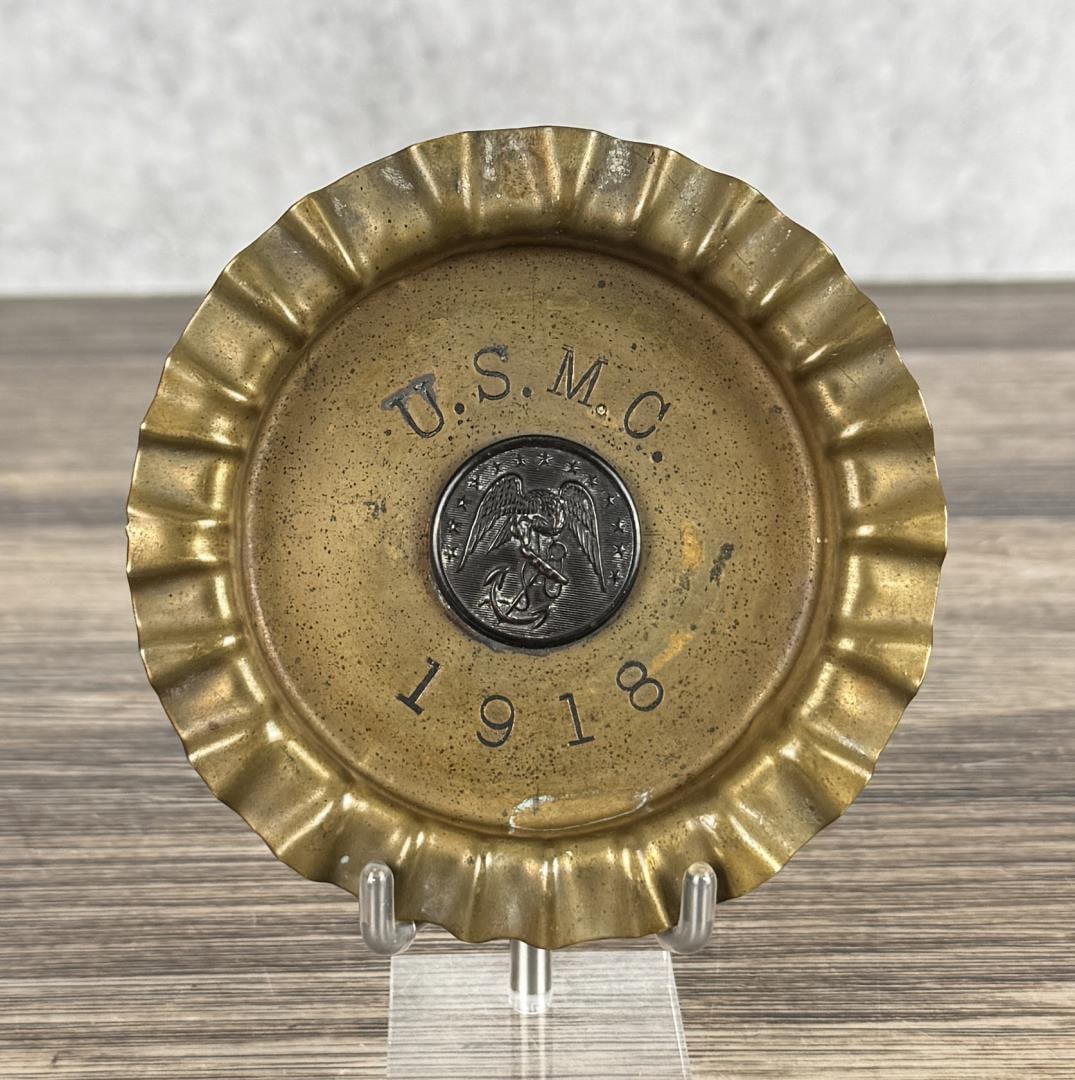 WWI WW1 USMC US Marine Corps Trench Art Ashtray: 4" diameter.
