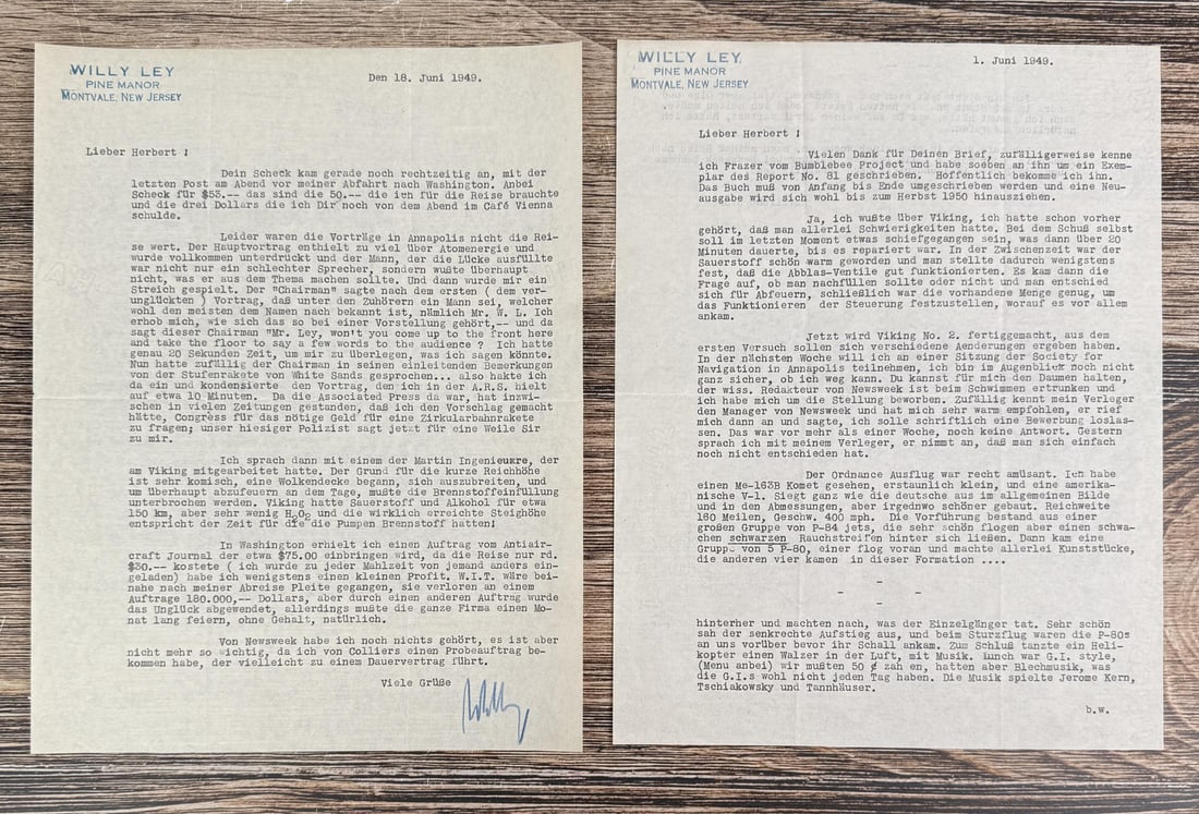 Signed Letters From Willy Ley V-2 Rocket Tests: Letters are addressing Willy's lectures at Annapolis, and the Bumblebee Project. They also address the Viking V-2 rocket tests. Both Letters are signed by Ley Provenance: The Rocket Development