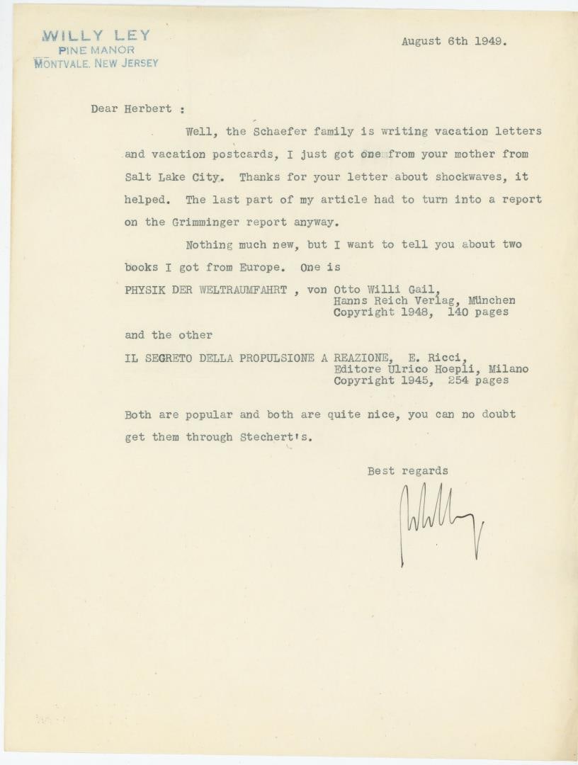 Signed Letter From Willy Ley about Rocket Books (1 of 3)