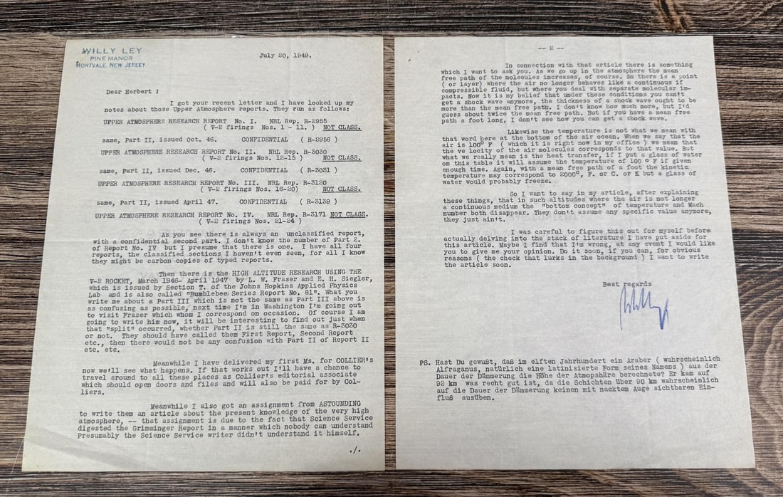 Signed Letter From Willy Ley White Sands Tests (1 of 6)