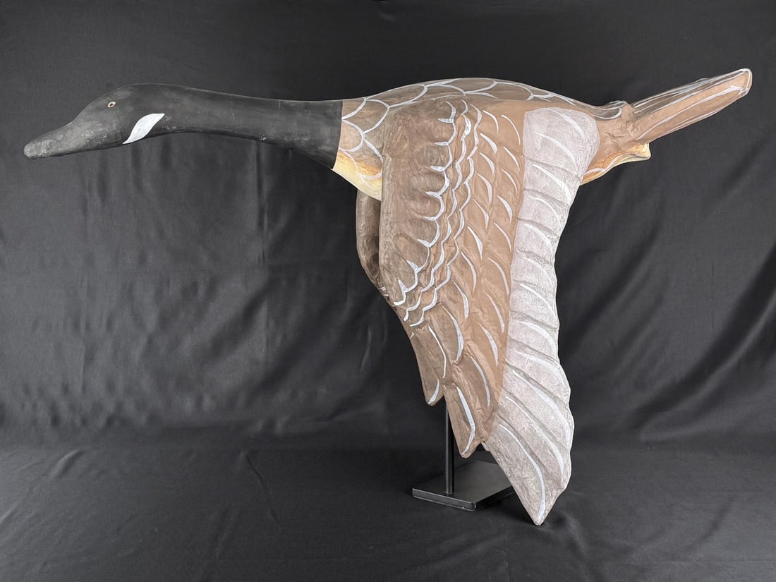 Paper Mache Canadian Flying Goose Decoy: 35 1/2" by 23 1/2" by 12".