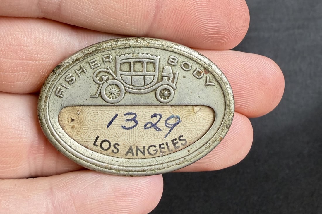 Fisher Body Works Los Angeles Employee Badge: 1 1/8" by 1 3/4".