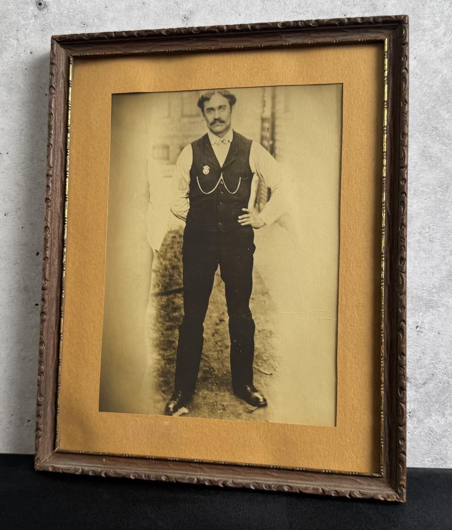 Early California Police Officer Fire Warden Photo: Badge appears to be either Fire Department or Police. 8 1/4" by 10 1/4" framed.