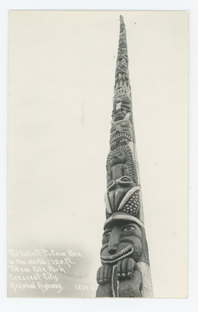 1879 Worlds Tallest Totem Pole RPPC Postcard: Totem Pole Park, Crescent City, California. Dated 1879.