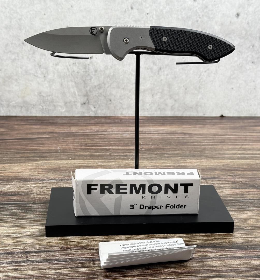 Fremont Knives 3" Draper Folder Pocket Knife: 154CM stainless steel. G10 handle. Stainless steel bolsters and textured G10 scales for handle. 4 1/2" long closed. Never used or carried.