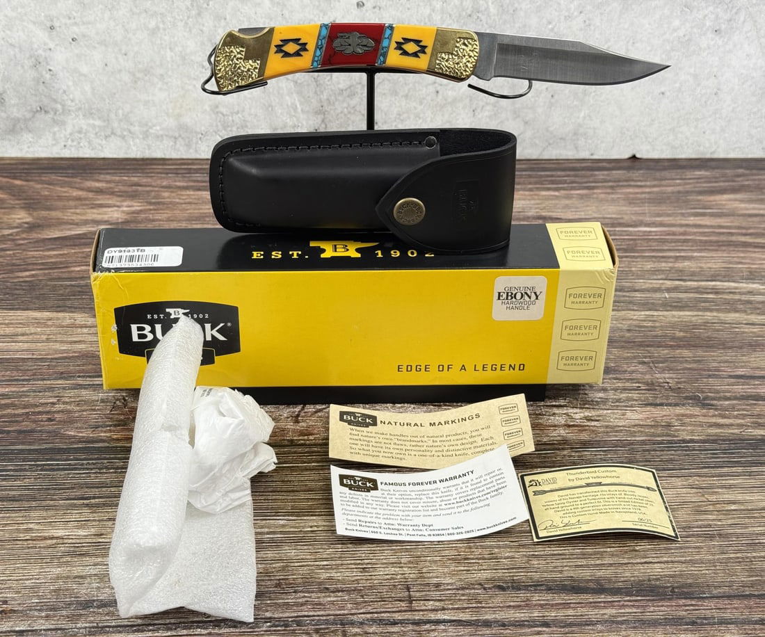Buck 110 David Yellowhorse Thunderbird Knife: Limited edition 6/25. Satin finish 420HC stainless clip point blade. Has not been used or carried. Knife inlays by Navajo artist Brian Yellowhorse. Has turquoise and red jasper inlays. 4 7/8" long clo
