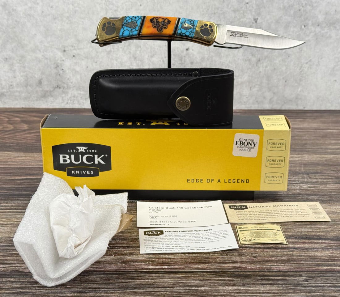 Buck 110 Brian Yellowhorse Bull Elephant Knife: Limited edition 19/25. Satin finish 420HC stainless clip point blade. Has not been used or carried. Knife inlays by Navajo artist Brian Yellowhorse. Turquoise and spiney orange oyster stone inlay. 4 7