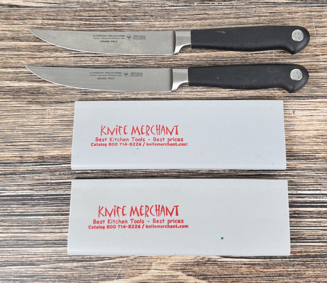 Wusthof Grand Prix Knives 4057: 8 7/8" long each. High-carbon X50 Cr Mo V15 stainless steel.