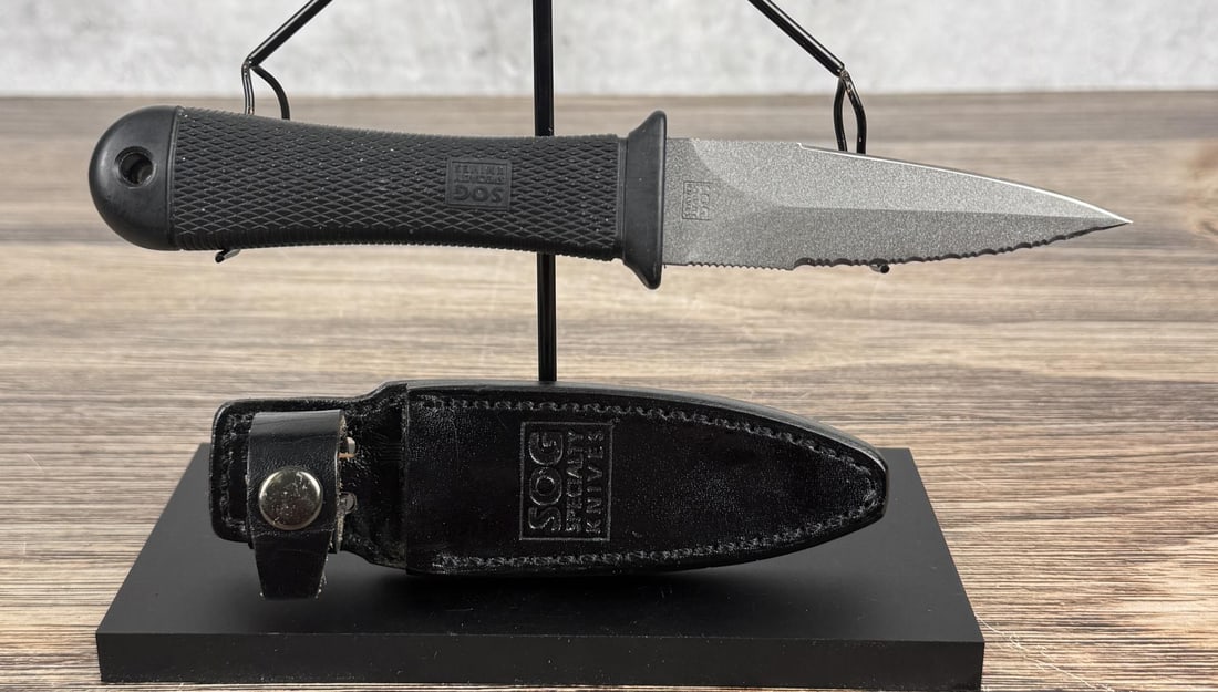SOG M14 Mini Pentagon Knife: 7 7/8" long. Straight and serrated edge blade made from AUS 8 steel. Manufactured in Seki, Japan.