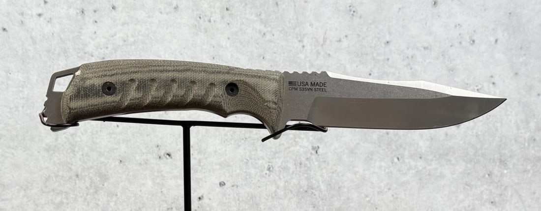 SOG Pillar Fixed Blade Knife: 9 7/8" long. CPM S35VN steel blade. Micarta handle in gray. No sheath.