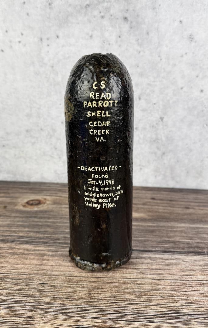 Civil War Confederate 10lb Read Parrot Shell: Shell collected at Cedar Creek, Virginia as per previous collector. 9" long, 3" diameter.