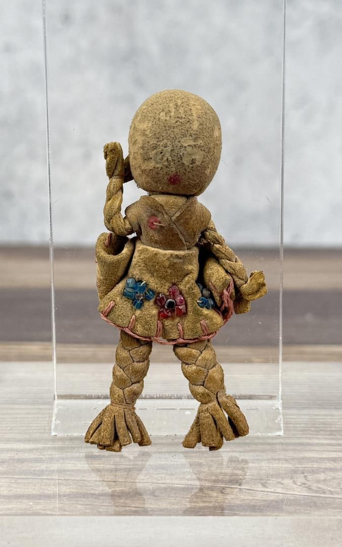 Woodlands Native American Indian Faceless Doll: Braided Leather. 3" tall. First Quarter of the 20th Century.
