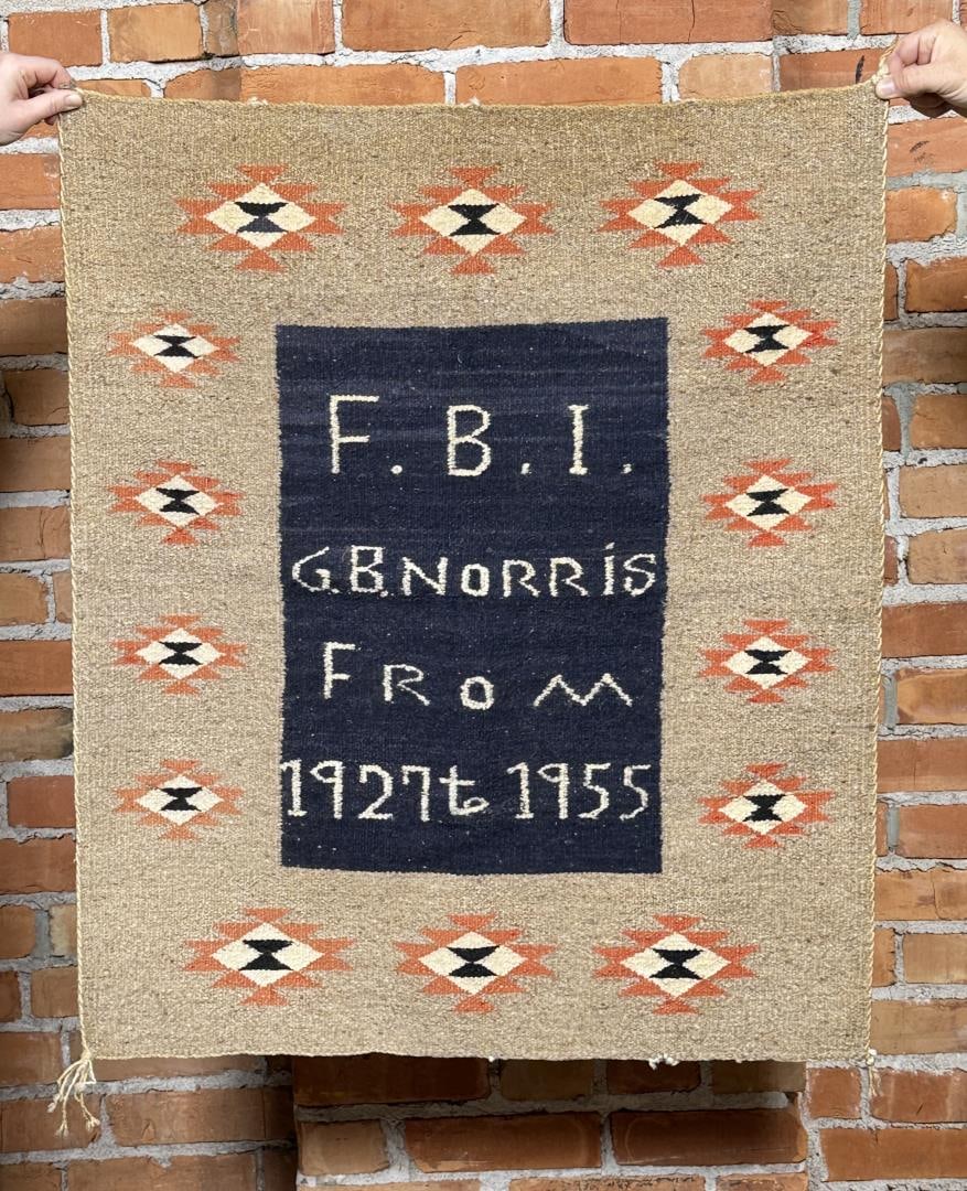 F.B.I. Named Navajo Indian Rug Gerald B. Norris: Presented to Special Agent Gerald B. Norris by the FBI for his work in the field 1927-1955. 30" by 35 1/2". Special Agent in Charge Gerald B. Norris a Famed agent of the F. B. I., St. Louis office, an