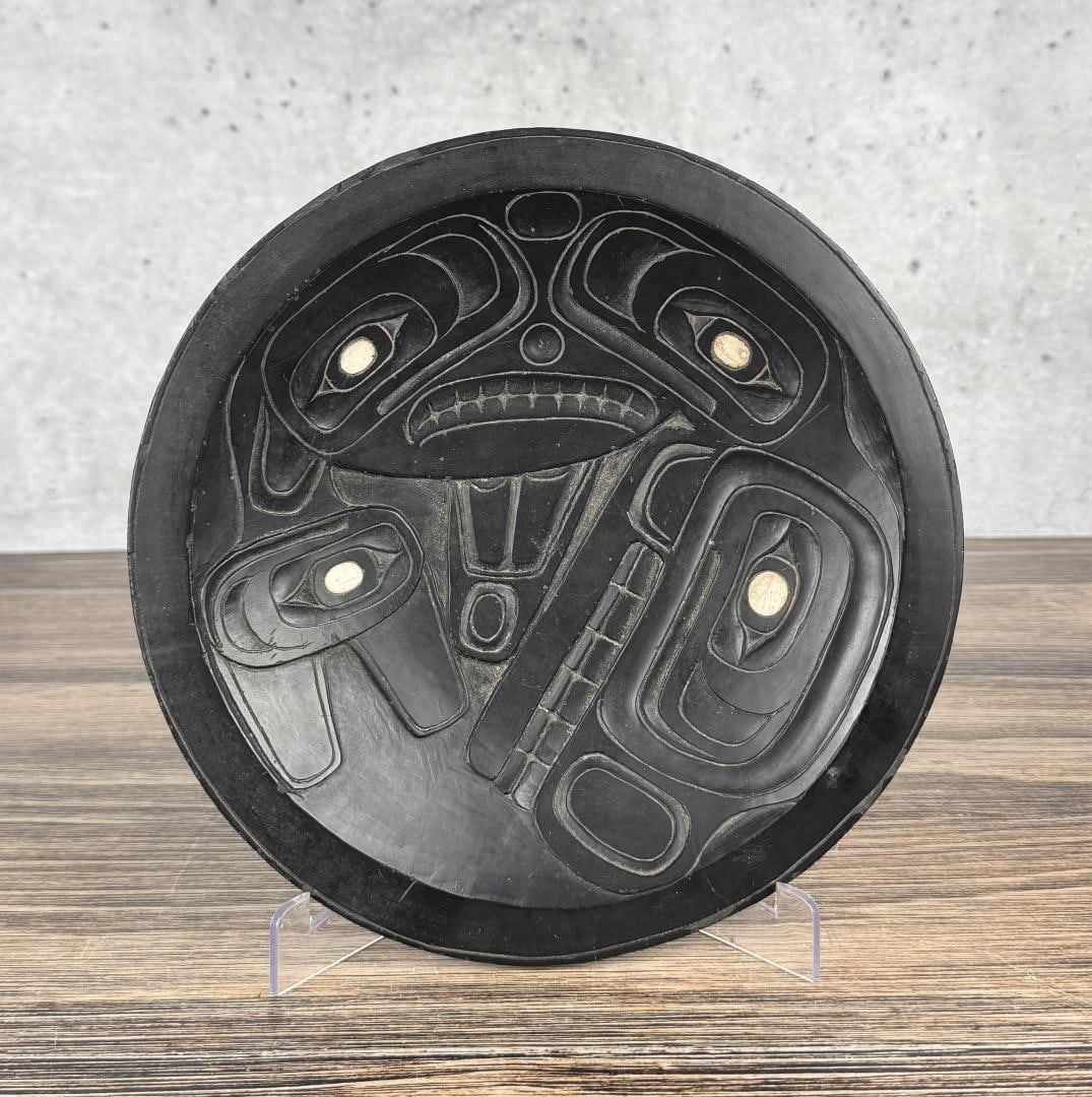 Haida Northwest Coast Argillite Bowl or Plate: 9 3/4" diameter, 1 1/2" tall. Two museum labels on reverse as shown. Mid 19th Century.