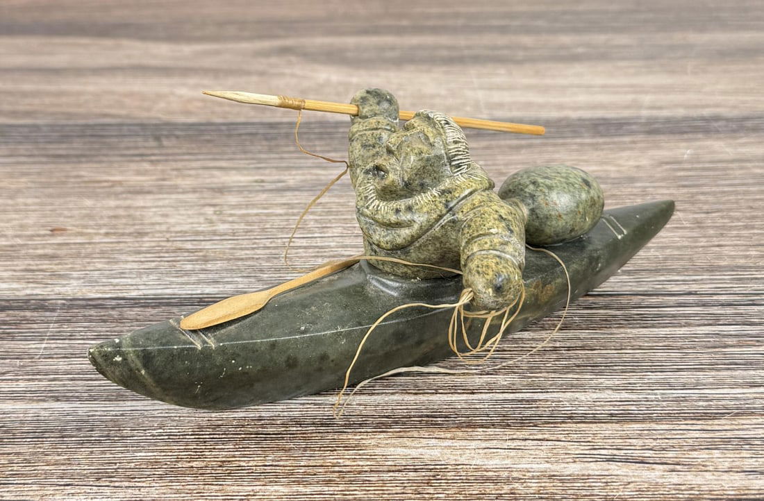 Inuit Eskimo Soapstone Hunter in Kayak Carving (1 of 6)