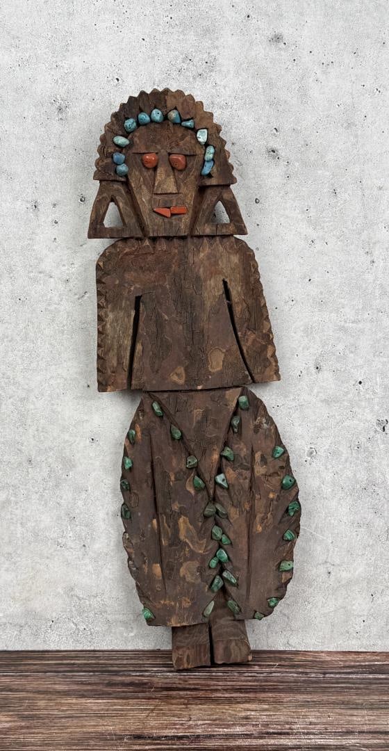 Mexican Tarahumara Turquoise and Coral Spirit Doll: 4 3/8" wide by 13 3/8" tall. Early to mid 20th century.