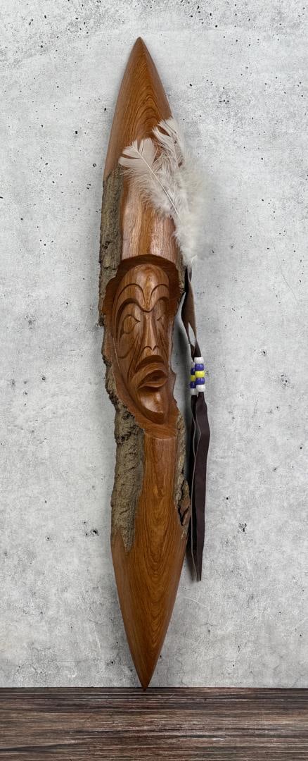 Rocky Jones Shuswap Indian Mask Carving: 4" wide by 23 1/8" tall. Contemporary.