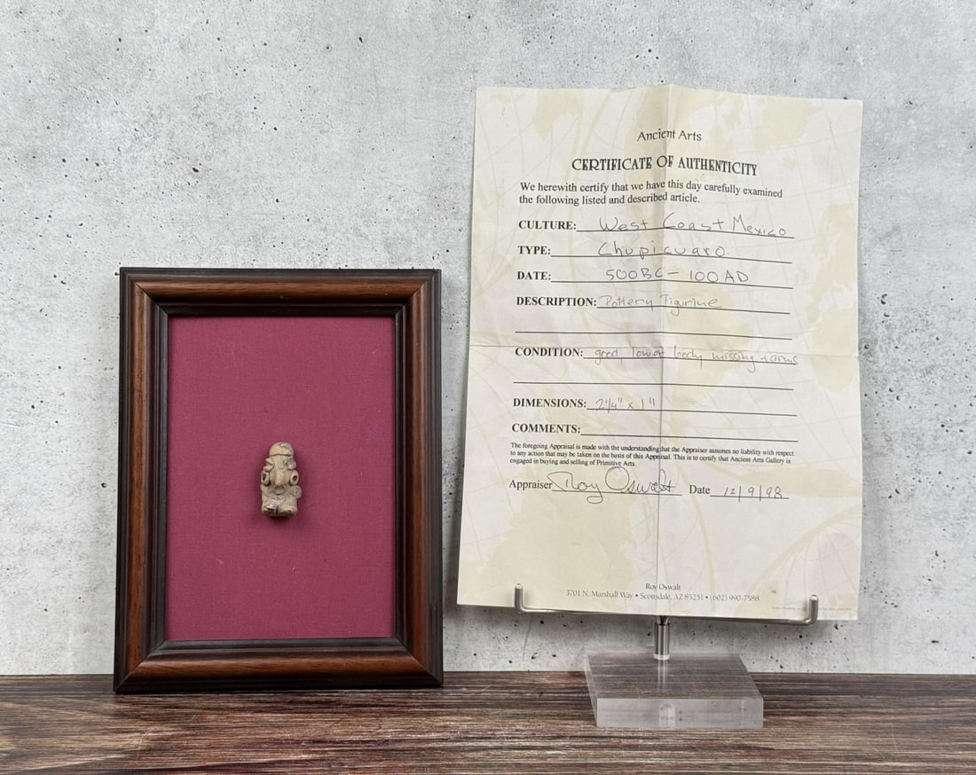 Pre Columbian Chupicuaro Pottery Figure: Figure is 1 1/2" tall. Frame measures 6 5/8" by 8 5/8"